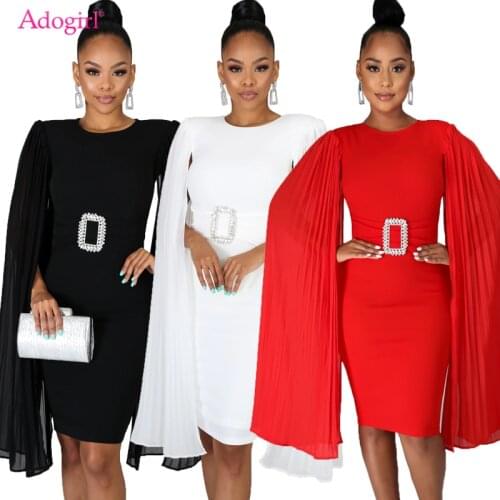Adogirl Elegant Women Solid Midi Party Dress Pleated Mesh Cape Sleeve Diamonds Button Waist Slim Bodycon Dress Office Lady Wear