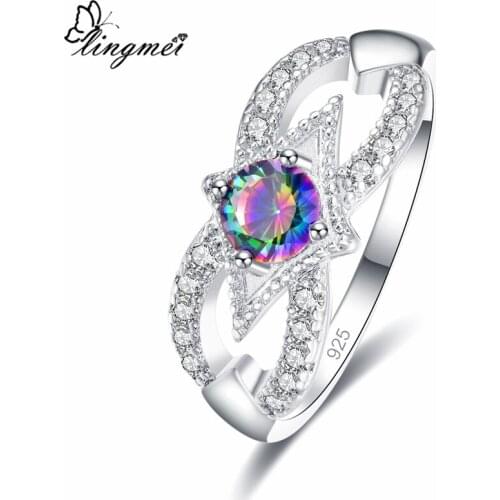 Lingmei Hollow-out Wedding Band Round Multi White Blue Zircon Women Rings Fashion Jewelry Silver Color Ring Size 6-9 Xmas