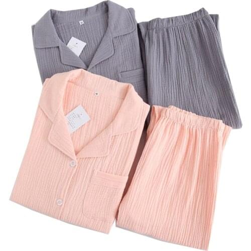 Autumn And Spring Lovers 100% Gauze Cotton Japanese Style Solid Color Couples Pajamas Set Full Sleeve+Pants 2pcs Soft Homewear