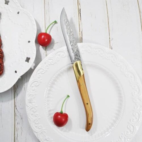 Laguiole Steak Knives Set Stainless Steel Japanese Table Knifes Olive Wood Polished Jaws and Hammered Blade Restaurant Cutlery