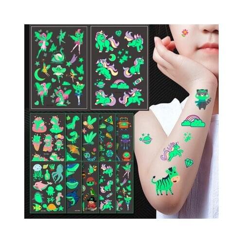 1/12PCS Luminous Tattoo Stickers Kid Temporary Unicorn Fake Tattoos set Glow Face Arm Leg for Children Body Art Mermaid Sticker