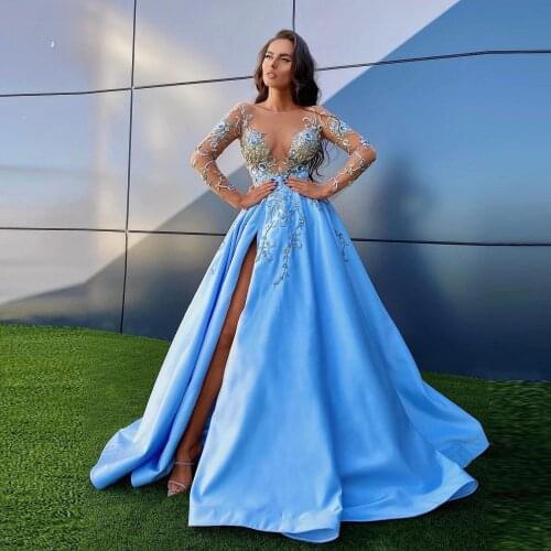 Sky Blue Sexy Fashion Exquisite Evening Dress See Thru Applique A-Line Floor Length High Split Prom Dress Plus Size Custom Made