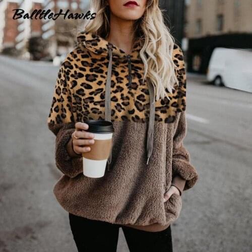 New Loose Plush Leopard Patchwork Hoodies Women Zipper Tops Long Sleeve Drawstring Hooded Warm Sweatshirt with Pockets Autumn
