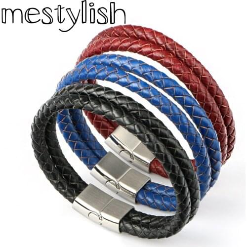 Mestylish New Fashion Double layer Genuine leather Stainless Steel Man Bracelets magnet buckle bracelet Best Friend Gift