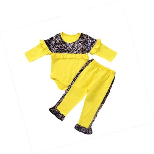 Baby Girls Long Sleeve Autumn Clothes Sets Long Sleeve yellow Stitched leopard romper Top Long Pants Kids Tracksuit