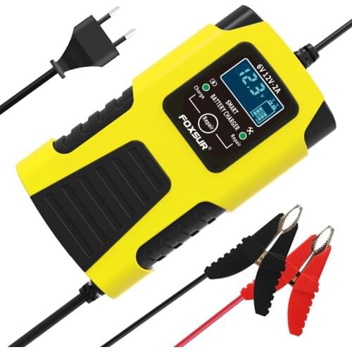 FOXSUR 6V 12V 2A Fully Automatic Car Battery Charger with LCD Screen, Used to Charge, Maintain And Repair Batteries for Various