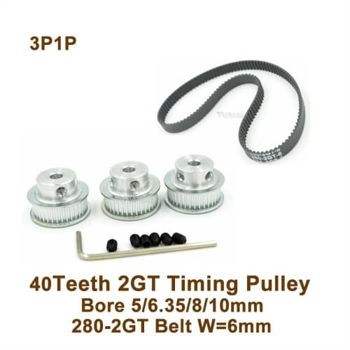 POWGE 3pcs 40 Teeth 2GT Timing Pulley Bore 5/6.35/8/10mm + 1pcs 280 2GT Timing Belt W=6mm 40T 40Teeth GT2 Pulley For 3D Printer