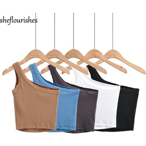 Sexy tank top women summer one shoulder tops sleeveless knit vest top korean fashion crop top t shirt slim white tops black 2021