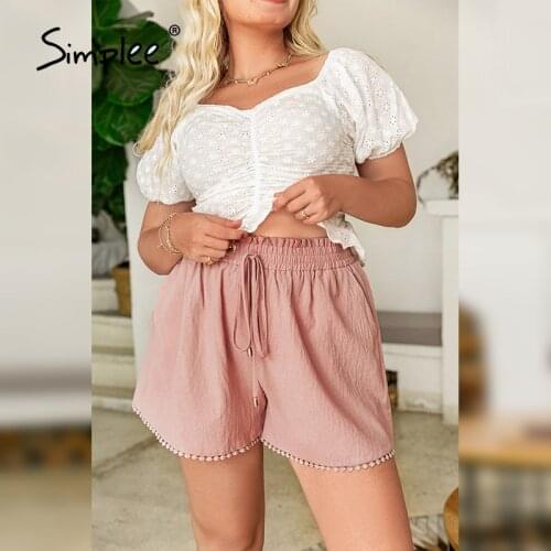 Simplee Casual lace up dusty pink plus size shorts women Holiday pocket lace summer shorts Elastic waist hollow out side bottoms