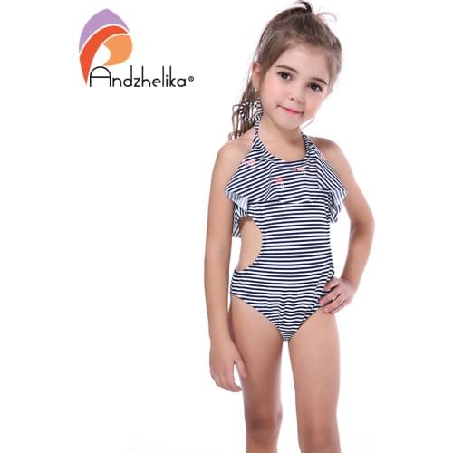 Andzhelika Childrens Swimwear One Piece Swimsuit Striped Animal Bird Swimwear Girls Hollow Out Bodysuit Bathing Suit