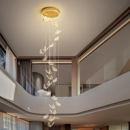Modern Staircase Chandelier Acrylic Golden Butterfly Ceiling Chandelier Nordic Living Room Dining Room LED Lighting Installation