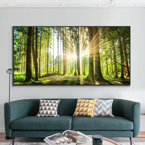 Modern Canvas Paintings Natural Green Tree Forest Sunshine Landscape Posters and Prints Wall Art Picture for Living Room Decor