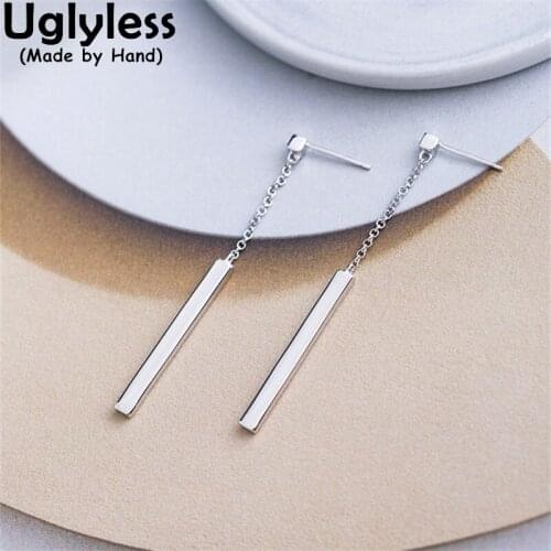 Uglyless Korean Elegant Lady Evening Dress Earrings Minimalist Silver Sticks Dangle Earrings 925 Silver Simple Studs Jewelry