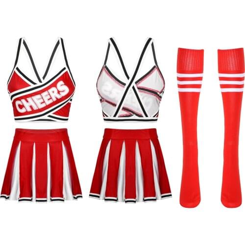 Women Cheerleader Uniform School Girls Sexy Costumes Crop Top with Pleated Skirt Stripped Knee High Long Football Socks Outfit