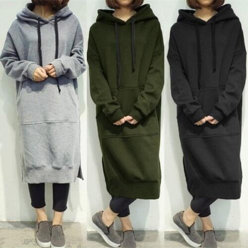Womens Casual Loose Long Hoodies Autumn Solid Color Sweatshirt Hooded Sweatshirt Dress