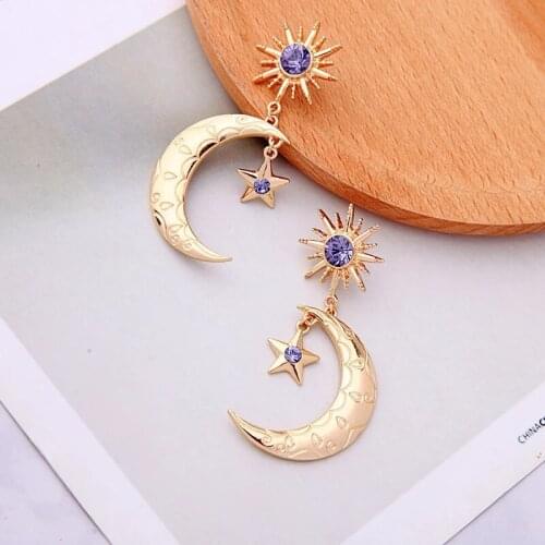 Sun Star Moon Drop Earrings for Women Purple Cubic Zircon Dance Bohemia Handmade Crystal Moon Star Drop Earring For Women