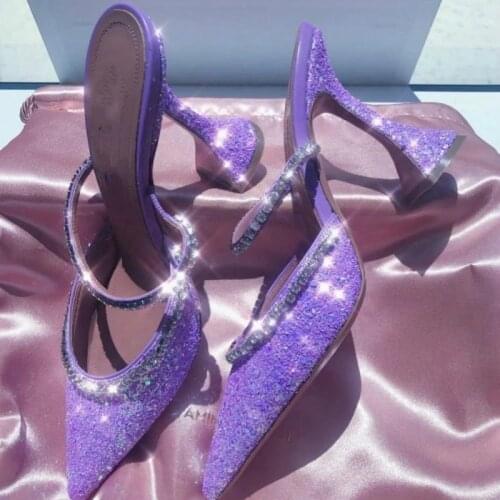 2021 Summer New Colorful Pink Crystal Sequins Curled High Heels Pointed High Heels Women Slippers