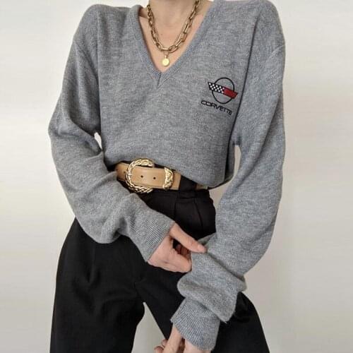 B-TOTO American Retro Gray V-neck Embroidery Sweater Tide Ins Womens Spring And Autumn Thin Top 2021 Fashion New