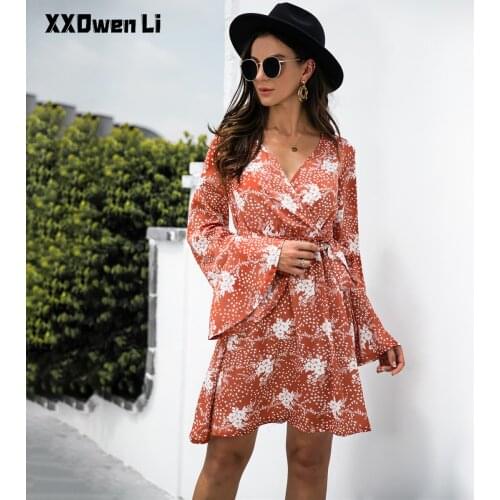 Woman Fashion Print Floral Lace Up Flared Sleeves Midi Dress 2021 Casual V-Neck Party Dresses For Women Elegant Red Robe Femme