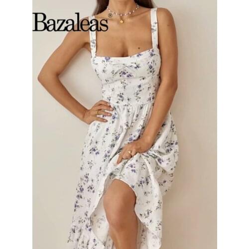 Bazaleas Streetwear women mini dresses summer vestidos blue flora Print women Dress Vintage Mesh