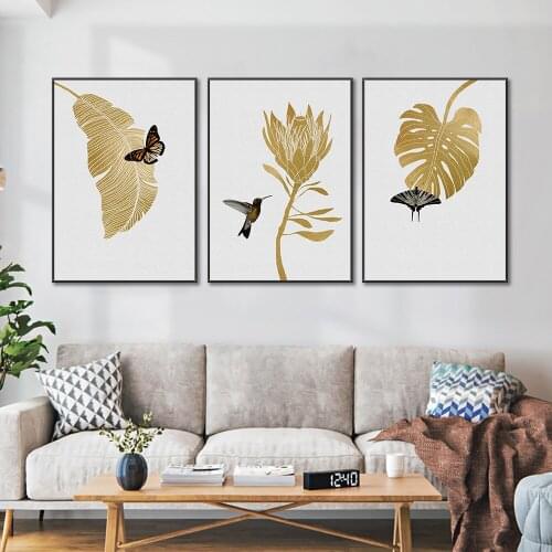3 Panel Abstract Gold Leaves With Butterflies Painting Modern Nordic Canvas Prints And Posters Wall Art For Living Room Decor