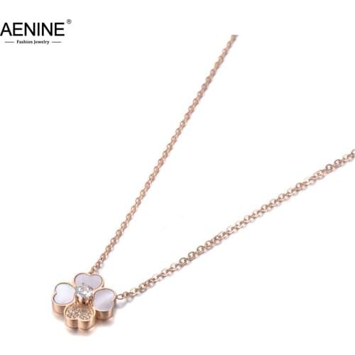 AENINE Trendy Titanium Steel Love Heart Flower Charm Pendant Necklace CZ Crystal Shell Choker Wedding Necklace For Women AN19088
