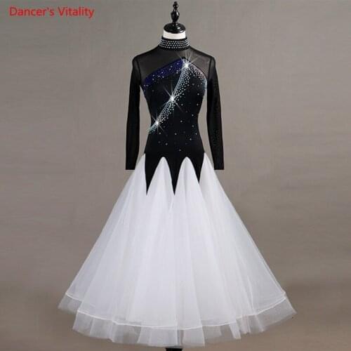 Ballroom Dance Costumes Gauze Long Sleeved Diamond Big Swing Dress For Women Ballroom Waltz Tango Dance Performance Dresses