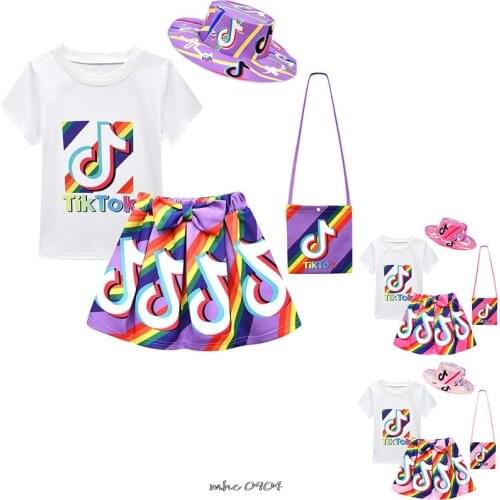 Hot Tik Tok Summer Toddler Kids Short Sleeve T-shirt+Skirt +Hat Set Dress Girls Clothes Childrens Cartoon Print Princess Dress
