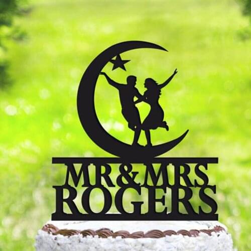 Custom name Wedding Cake Topper,Bride and Groom with moon and star Silhouette cake topper,Mr and Mrs Wedding Decor Supplies