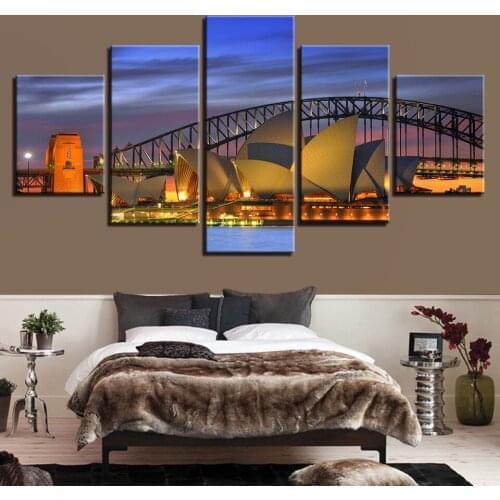 Canvas Picture Wall Art Harbour Bridge Poster Home Decor 5 Pieces Sydney Night Scenery Painting Print Unique High Quality Draw