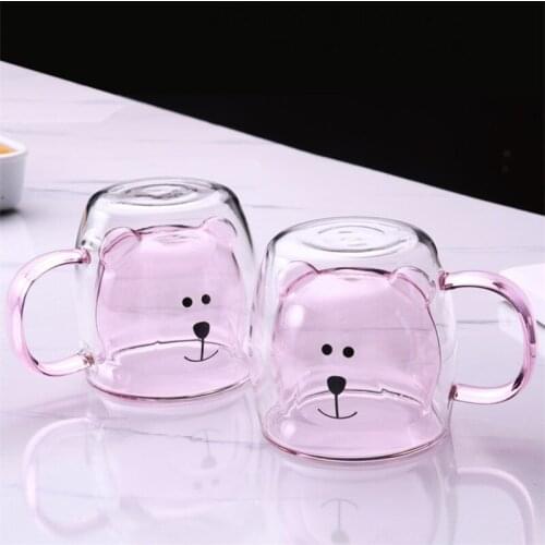 Creative Cute Bear Double Layer Glass Coffee Mug with Handle Heat Resistant Cartoon Breakfast Milk Cup Couple Water Mug Teacup