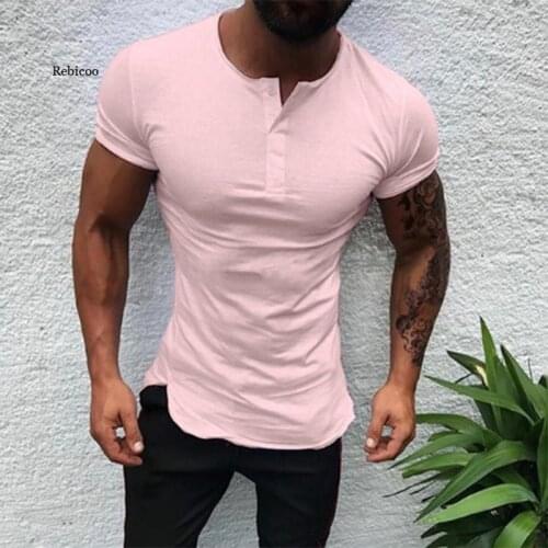 Mens Casual Fashion Slim Fit Short Sleeve T-Shirts Men Stylish Buttons t Shirt Tops Tee Summer Fitness Bodybuilding T-Shirts