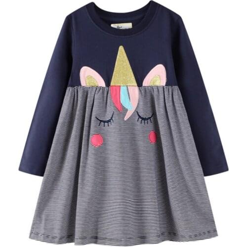 2-7T Long Sleeve Baby Party Dress with Animals Unicorn Applique Baby Stripe New Cotton Kids Girls Dress