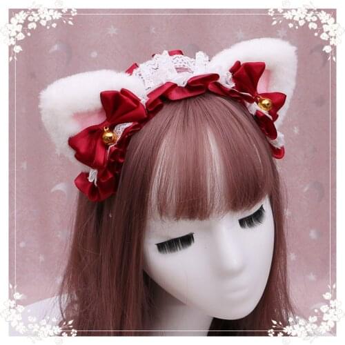 Kawaii Girls Lolita Headband Cat Ears Bow Tie Bell Head Hoop Sweet Hair Band Lace Ribbon Headdress Lolita Accessories