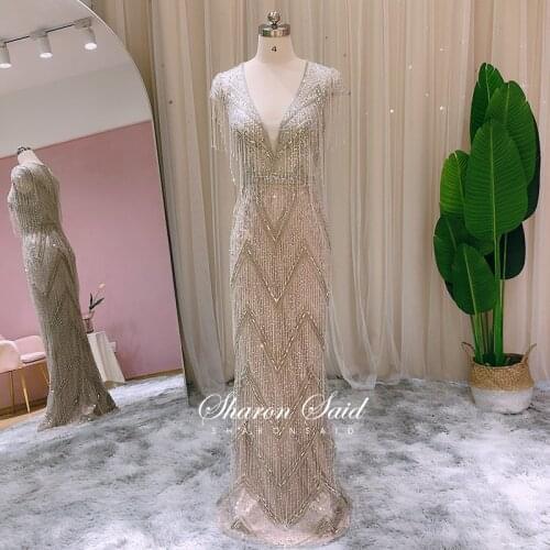 Luxury Dubai Mermaid Prom Dresses Beading Tassel Long Arabic Evening Gowns 2021 Sexy V-Neck Women Formal Wedding Party Dress