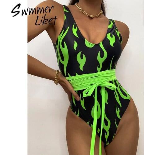 Fire print one piece swimsuit women Vintage monokini vodysuit Elegant swimwear female bathing suit women bathers oversize 2020