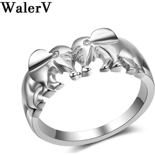 WalerV Jewelry Animal Style Fashion Jewelry Vintage Cute Double Elephant Shape Ring Gold Color Women Ring