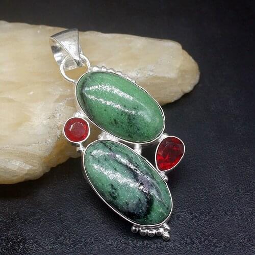 Gemstonefactory Jewelry Big Promotion 925 Silver Dashing Green Obsidian Red Garnet Women Ladies Gifts Necklace Pendant 1299