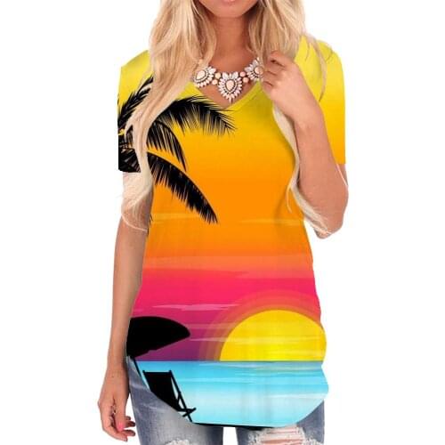 Giyu Brand Hawaii T-shirt women Coconut Tree Funny T shirts Moon T-shirts 3d Landscape V-neck Tshirt Womens Clothing Hip hop