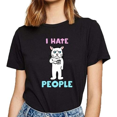Tops T Shirt Women i hate people cat idea Comic Inscriptions Short Female Tshirt