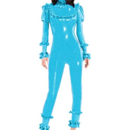 Women Latex PVC Lotus Leaf Party Rompers Fashionable Sexy Rubber Stage Long Jumpsuit Puff Long Sleeve One Piece Bodycon Jumpsuit