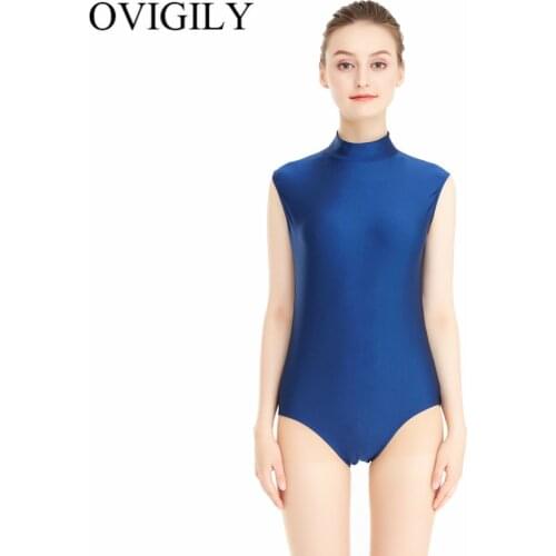 OVIGILY Black Turtleneck Gymnastics Leotards For Womens Spandex Lycra Sleeveless Ballet Dance Bodysuit Adults Mock Neck Unitards
