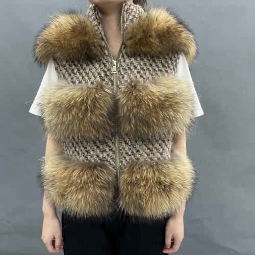 2021 New Real Fur Vest Women Raccoon Fashion Winter Woolen Blends Jacket Casual Fluffy Fur WaistCoat Natural Raccoon Fur Vest