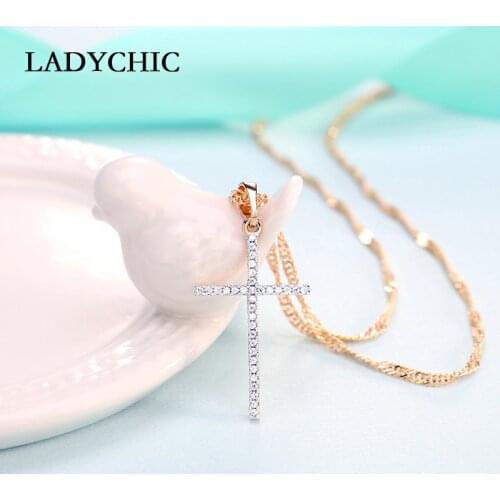 LADYCHIC Fashion Gold Silver Color Zircon Cross Pendant Necklaces Dainty Thin Wave Chain Necklace for Women Jewelry Gift LN1074