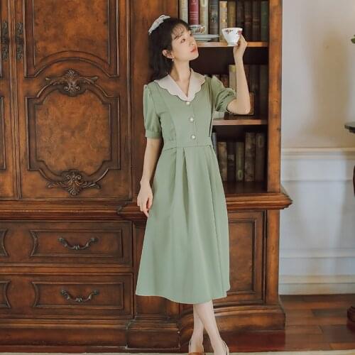 French Elegant Dress Women Summer Simple Generous Solid Color Vestido 2021 New Petal Lapel Sweet Cute Bow Tie Kawaii Dresses