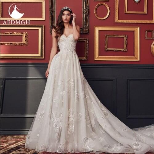 Aedmgh A-Line Wedding Dresses 2021 Sweetheart Strapless Court Train Vestido De Novia Appliques Backless Sexy Boho Robe De Mariee