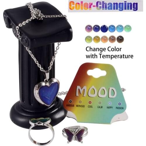 1Pc Temperature Changing Color Mood Rings Fashion Heart Butterfly Emotion Feeling Pendant Necklace ChainWedding Ring For Women