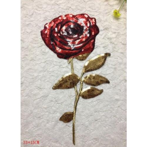 5Pcs 13*33cm New fashion sequins large rose embroidery patch cloth stickers sew on women 's clothing long decals patch SC702