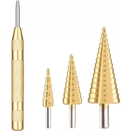 3pcs Hex Hss Step Cone Titanium 4-12/4-20/4-32mm Drill Bits Hole Cutter 1pcs Automatic Center Punch Set Bit Kit
