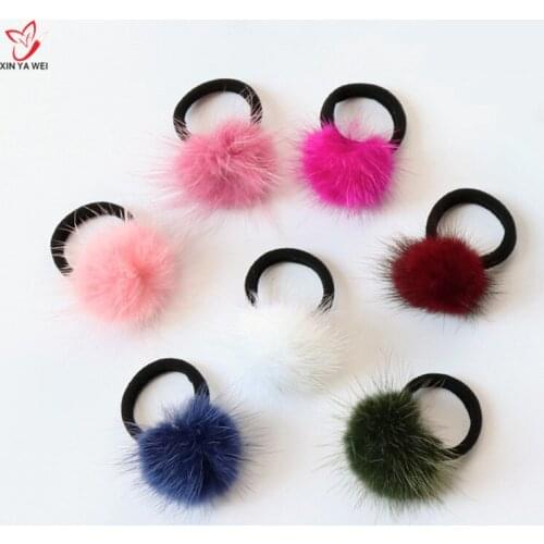 4cm Real Mink Fur Pom Pom Small Ring Hair Bands Girls Elastic Pom Hair Rope Tie Kids Rubber Band Ponytail Holder Hair Headwear